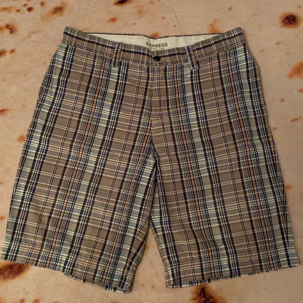 Express Men's Plaid Shorts - Brown and Blue